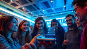 Engaging young adults using the Crushon AI chatbot in a vibrant tech lounge.