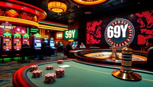 Experimente a emoção do 69Y em um cassino de luxo, com máquinas caça-níqueis vibrantes e jogo de pôquer.