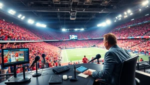 Sports Broadcasting professional engaging at a lively event with enthusiastic fans and modern equipment.