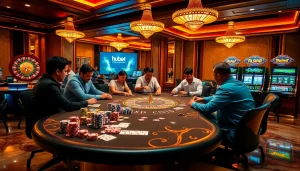 Experience high-stakes poker at hubet's vibrant casino tables adorned with chips and cards.