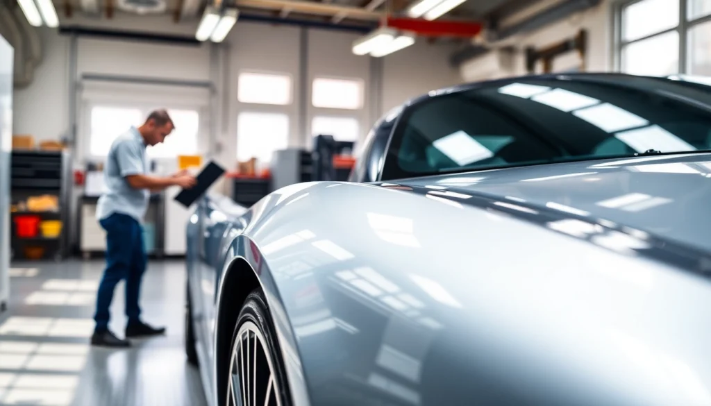 Apply paint protection film near me on a sleek car in a professional workshop.