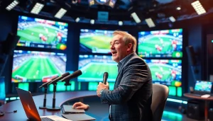 Engaging scene of sports broadcasting showcasing a passionate commentator delivering live insights.