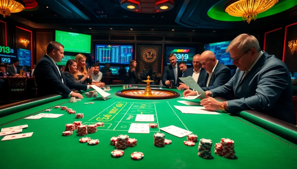 Dicas para ganhar mais em apostas, com apostas estratégicas e uma atmosfera vibrante de cassino, com mesas e jogadores.