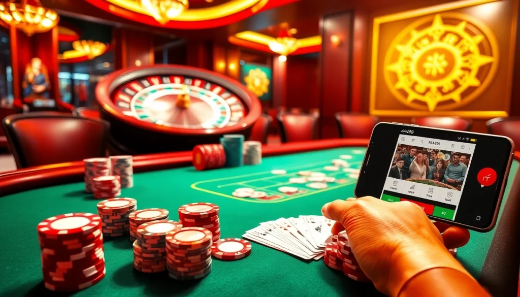 Jogadores participam de um jogo de cassino empolgante com o aplicativo AA888 visível em um smartphone, destacando ganhos e luxo.