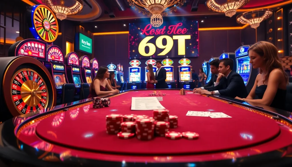 Jogadores engajados em uma mesa de cassino luxuosa, destacando o tema 69T em uma cena vibrante de apostas.