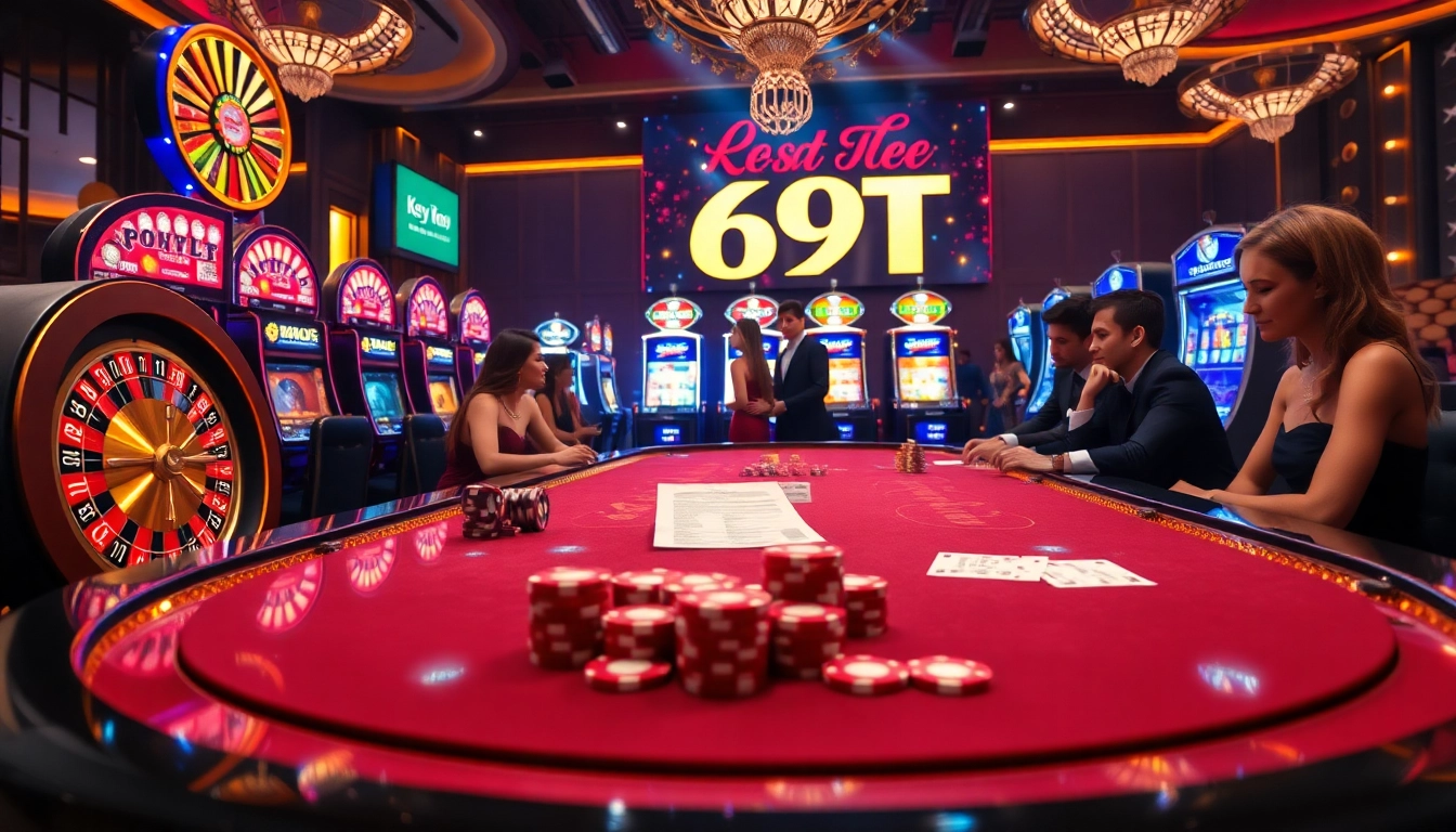 Jogadores engajados em uma mesa de cassino luxuosa, destacando o tema 69T em uma cena vibrante de apostas.