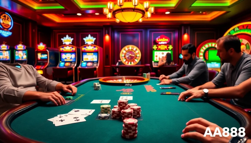 Desfrute de uma jogabilidade emocionante nas mesas do cassino AA888 com fichas de poker vibrantes e cartas.