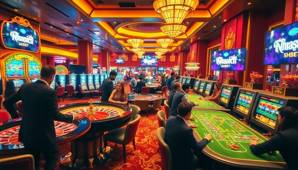 Gamblers enjoying exciting games at Nhà cái SHBET casino, featuring vibrant roulette and poker tables.