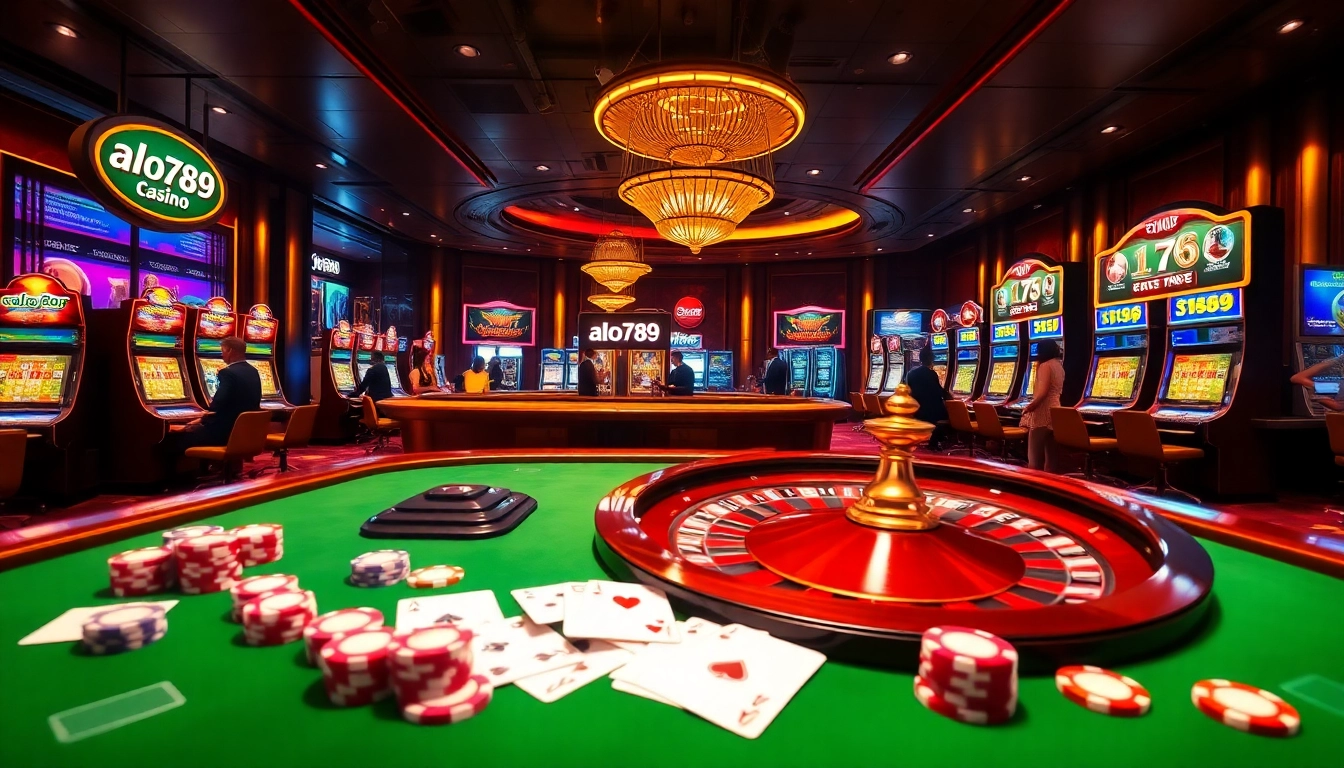 Alo789 online casino scene featuring vibrant players at roulette and poker tables with chips and cards.