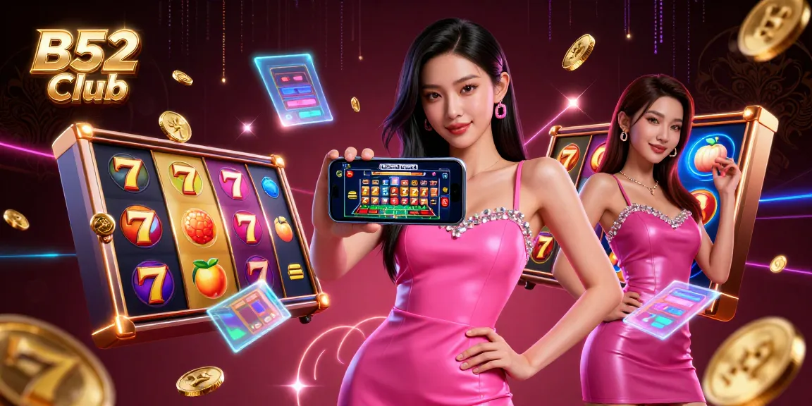 B52 Club captivating illustration showcasing a sophisticated Asian woman engaging with a live dealer casino game on her phone