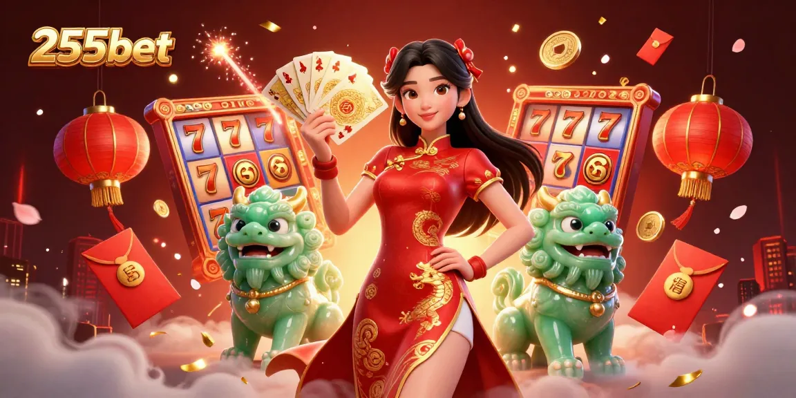 Cena empolgante e vibrante mostrando a 255bet com um personagem estiloso e elementos de cassino.