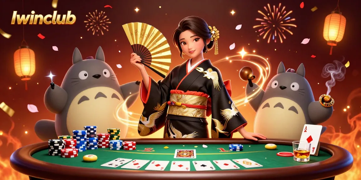 Iwinclub offers thrilling poker scenes with an elegant woman and a tanuki enjoying the casino atmosphere.