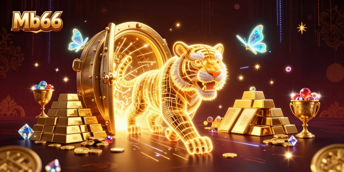Experience the excitement of Mb66 in a vibrant digital casino filled with treasures and light.