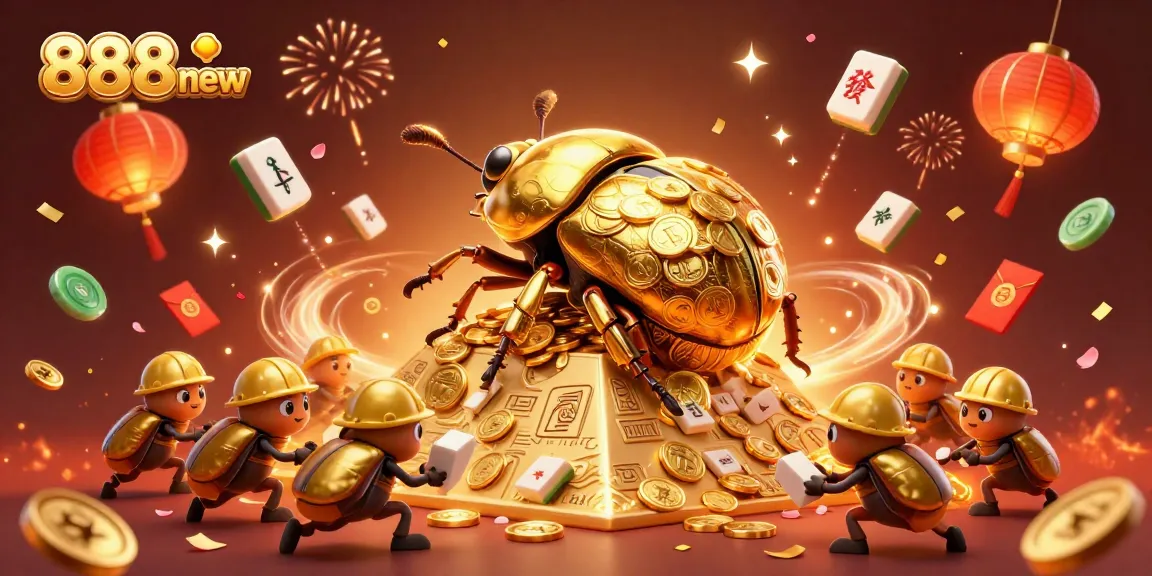 Experience the thrill of 888new with a vibrant casino-themed 3D illustration, featuring dynamic golden beetles and festive elements.