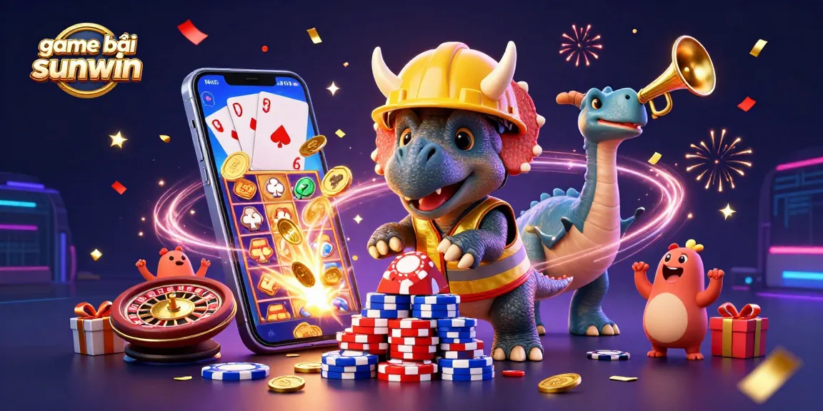Spin to win with game bài sunwin as a triceratops builds poker chip pyramids amidst dynamic casino action.