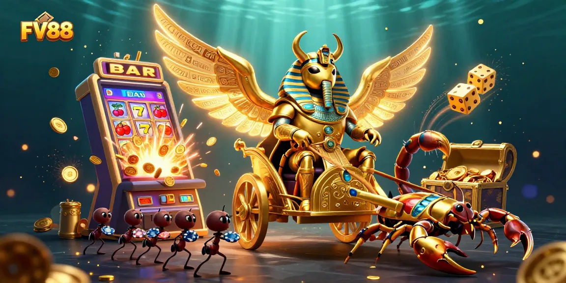 Engage in the vibrant world of FV88 with a dynamic 3D illustration showcasing thrilling casino elements.