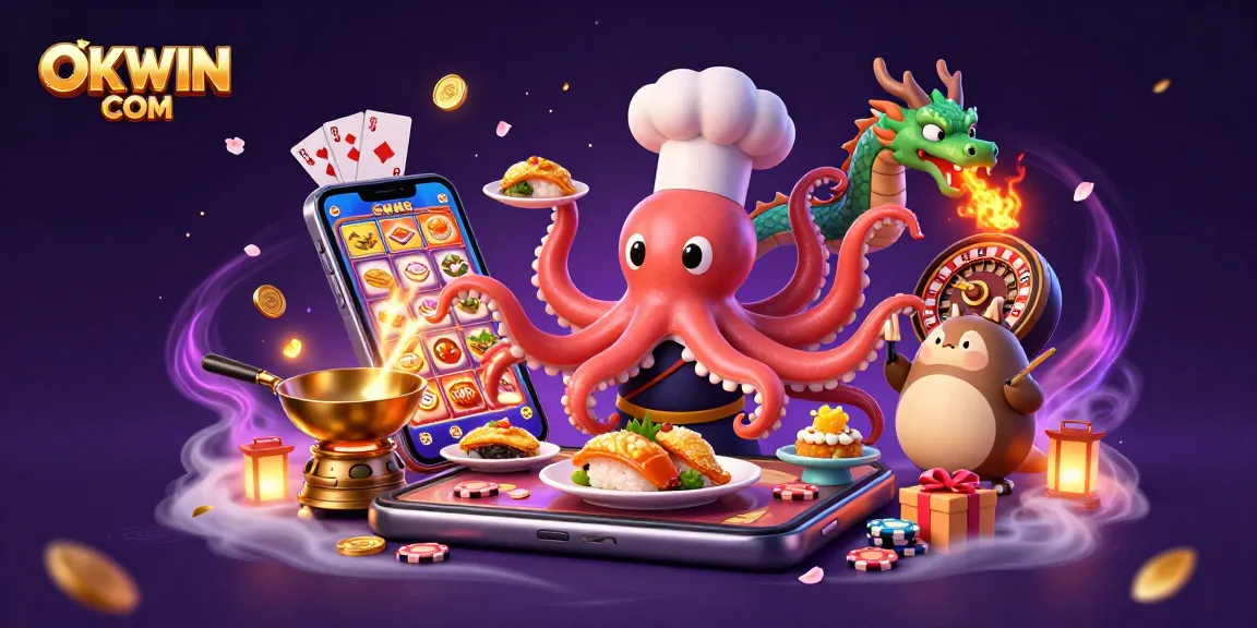 Play thrilling games at OKWIN COM with a vibrant scene showcasing casino elements and exciting characters.
