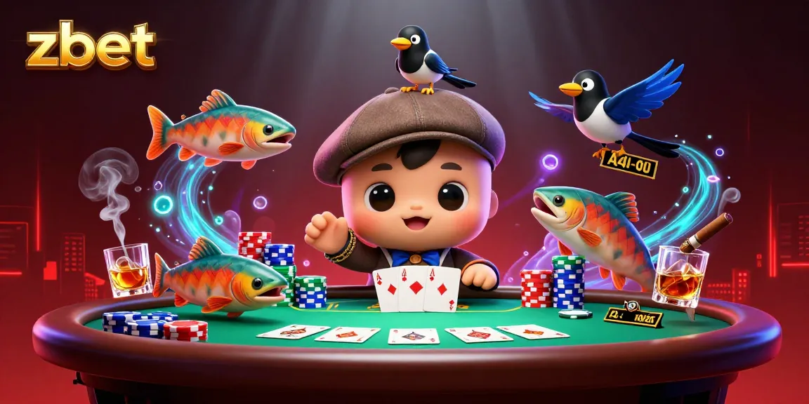 Engage in zbet poker fun with baby Nessie, playful magpie, and vibrant casino elements.