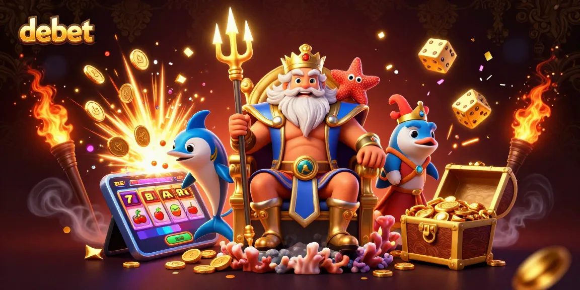 Experience debet gaming with vibrant characters, slot symbols, and jackpot excitement in this 3D casino scene.