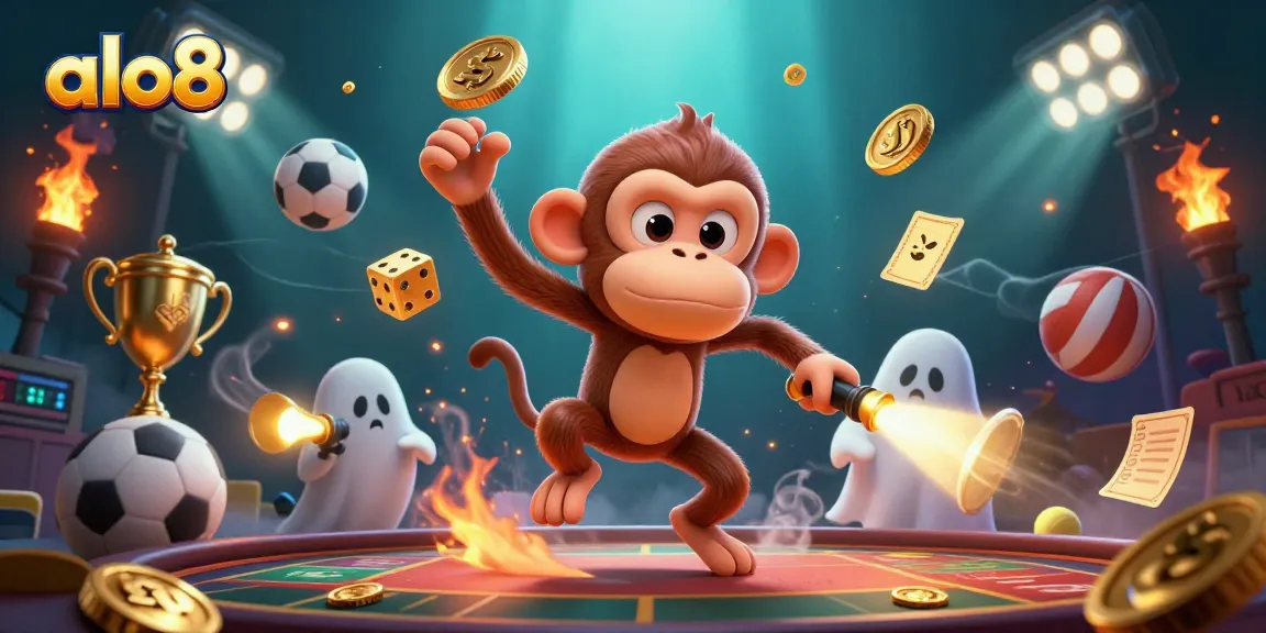 Experience the thrill of alo8 as a mischievous ghost monkey juggles gold in a dynamic casino scene.